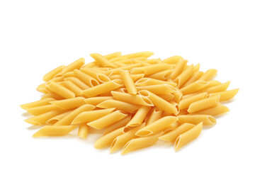 Penne Rigate pasta isolated on white background.