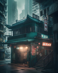 A dystopian architectural landscape in Hong Kong: cyberpunk of the future, Generative AI