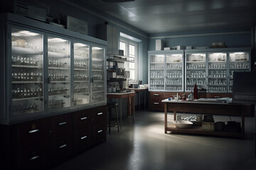 Fototapeta na wymiar medical laboratory interior, created by a neural network, Generative AI technology
