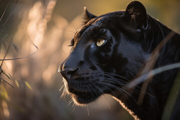 A black panther looks at its prey at sunset. AI Generated