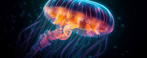 Magically luminous Deep sea jellyfish. Enchanted Jelly fish Underwater Wonder.  - Generative AI