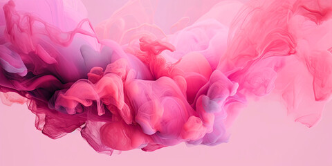 Generative AI illustration. Close-up of swirling pink, blue and white smoke in the background. Horizontal panorama.