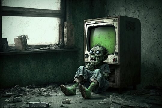 Zombie is watching TV. Beautiful illustration picture. Generative AI