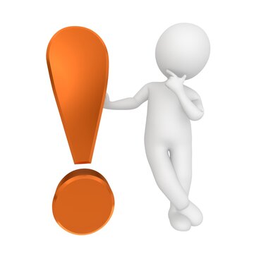 Exclamation mark exclamation point ! sign orange colored in high resolution with white stick figure isolated on white background