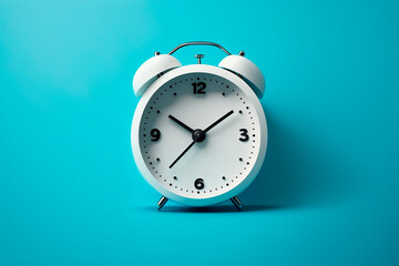 White alarm clock on a monochrome blue background, copy space, creative consept. Generative AI.