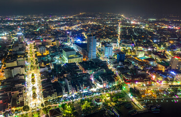 Fototapeta na wymiar Can Tho city, Can Tho, Vietnam at night, aerial view. This is a large city in Mekong Delta, developing infrastructure, population, and agricultural product trading center of Vietnam