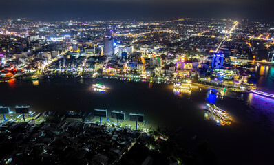 Can Tho city, Can Tho, Vietnam at night, aerial view. This is a large city in Mekong Delta, developing infrastructure, population, and agricultural product trading center of Vietnam