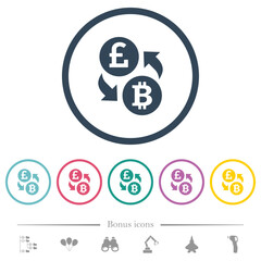 Pound Bitcoin money exchange flat color icons in round outlines