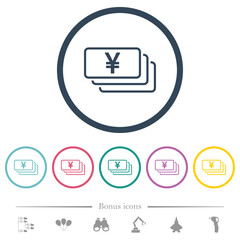 Japanese Yen banknotes outline flat color icons in round outlines