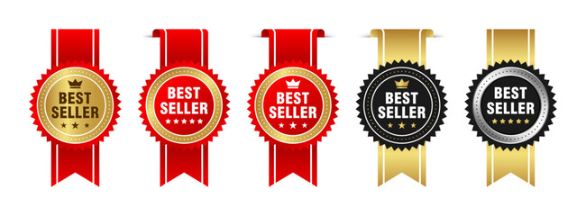 Best seller sticker label set with gold medal and red ribbon isolated fit for mark best seller product, book cover label - obrazy, fototapety, plakaty