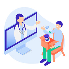 オンライン診療を受ける男性患者と女性医師のアイソメトリックイラスト