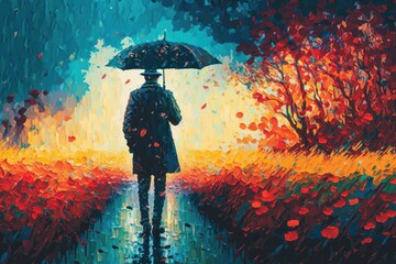 Man with umbrella. Magical scenic fantasy landscape, the human. Beautiful illustration picture. Generative AI