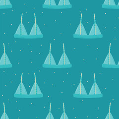 Blue women bra or bikini with ruffles. Vector isolated cartoon seamless pattern.