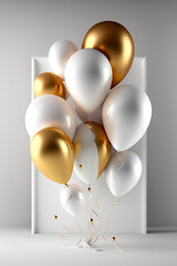 Holiday balloons in white and gold on white insulated background in the air, festive mock up with space copying template. Generative AI.