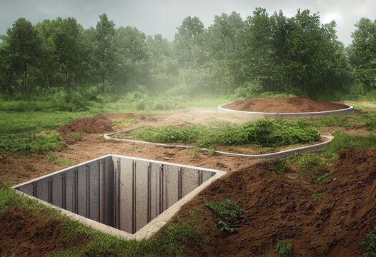 Two plastic underground storage tanks placed below ground for harvesting rainwater. The underground water septic tanks, for use as ecological recycling rainwater. Tank for home water. Generative AI
