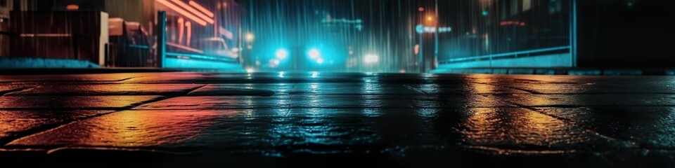Wet asphalt reflection of neon lights, dark empty street with smoke - abstract effect created with generative AI technology