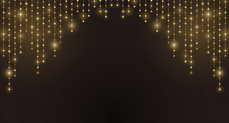 Background with gold sequins. Backdrop with a curtain of glowing garlands, presentation stage, template for premium banners, business and posters, billboards, holidays, awards and websites