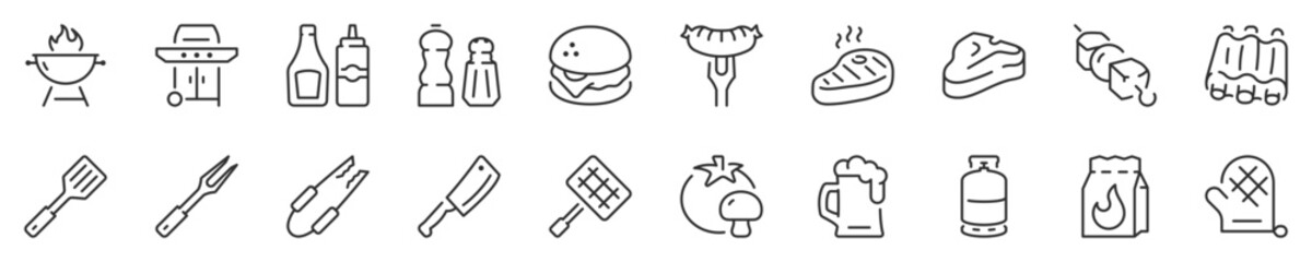 Barbecue and grill thin line icon set. Symbol collection in transparent background. Editable vector stroke. 512x512 Pixel Perfect.