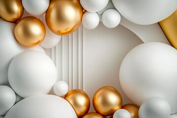 Fototapeta na wymiar Holiday balloons in white and gold on white insulated background in the air, festive mock up with space copying template. Generative AI.