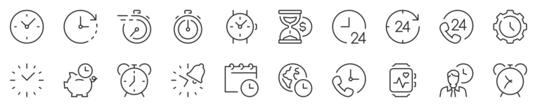 Time concepts and clocks thin line icon set. Symbol collection in transparent background. Editable vector stroke. 512x512 Pixel Perfect.