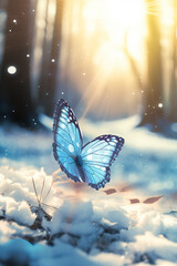 In ice and snow, A light blue ice butterfly falls in the snow. Generative Ai