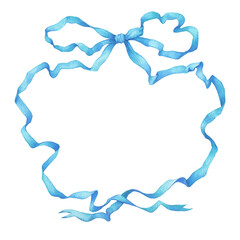 Vintage design frame, template with blue ribbon, bow. Border ornament for design, greeting cards, arts decoration. Watercolor hand drawn painting illustration on white background.