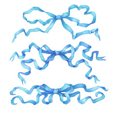 Set vintage design blue bows with ribbons for design, greeting cards, arts decoration. Watercolor hand drawn painting illustration isolated on white background.