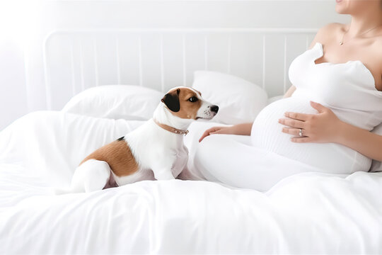 Cropped view pregnant woman big belly sitting on white bed with jack russel dog at home, Pregnancy, maternity, preparation and expectation, generative ai