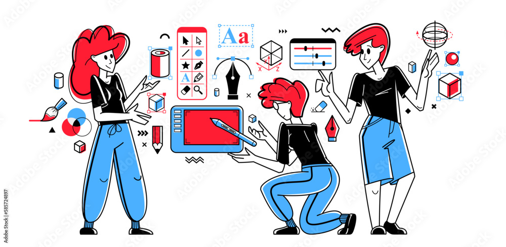 Fototapete graphic designers team working on some creative project vector outline illustration, inspired digita