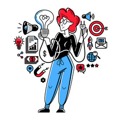 Marketing theme vector outline illustration, marketer analyzing and creating plan and strategy, advertising business concept, reach a goal success.