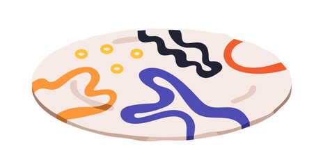 Round rug in trendy style. Modern circle soft mat with abstract lines print, pattern. Home interior stylish carpet design. Colored flat vector illustration isolated on white background