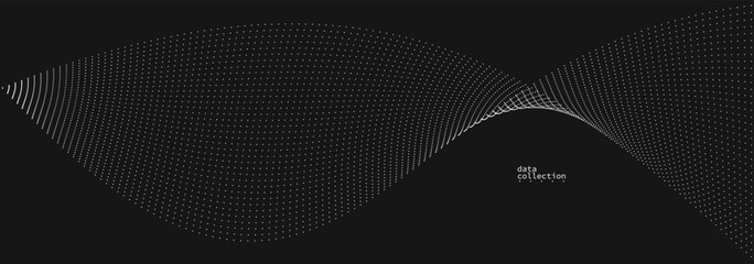 Grey abstract background, vector wave of flowing particles over black, curvy lines of dots in motion, technology and science theme, airy and ease futuristic illustration.