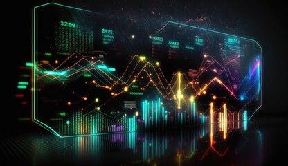 financial exchange background, digital futuristic style, flashing colorful lights, abstract graphs and numbers, ai generation