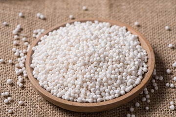 white sago pearls or sago balls on table.