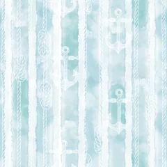 Seamless pattern with marine rope, knots and anchors on blue watercolor background. Sea abstract vector background. Perfect for design templates, wallpaper, wrapping, fabric, print and textile.
