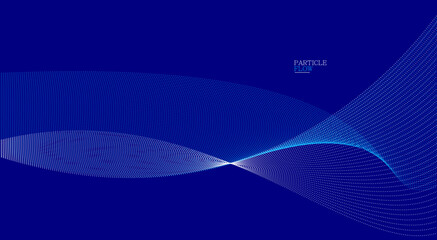 Dark blue abstract background, vector wave of flowing particles, curvy lines of dots in motion, technology and science theme, airy and ease futuristic illustration.