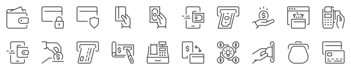 Money and payment methods thin line icon set 1 of 3. Symbol collection in transparent background. Editable vector stroke. 512x512 Pixel Perfect.