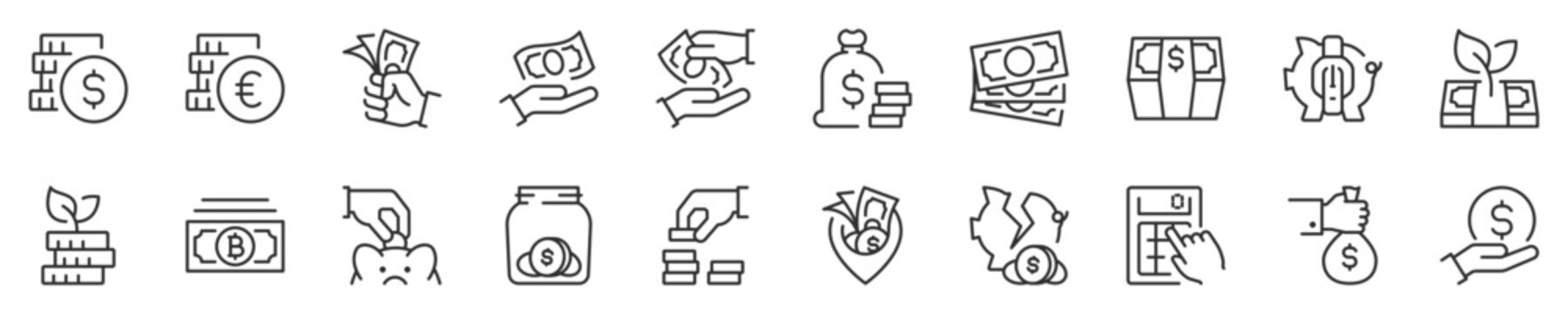 Money, coins and finances thin line icon set 3 of 3. Symbol collection in transparent background. Editable vector stroke. 512x512 Pixel Perfect.