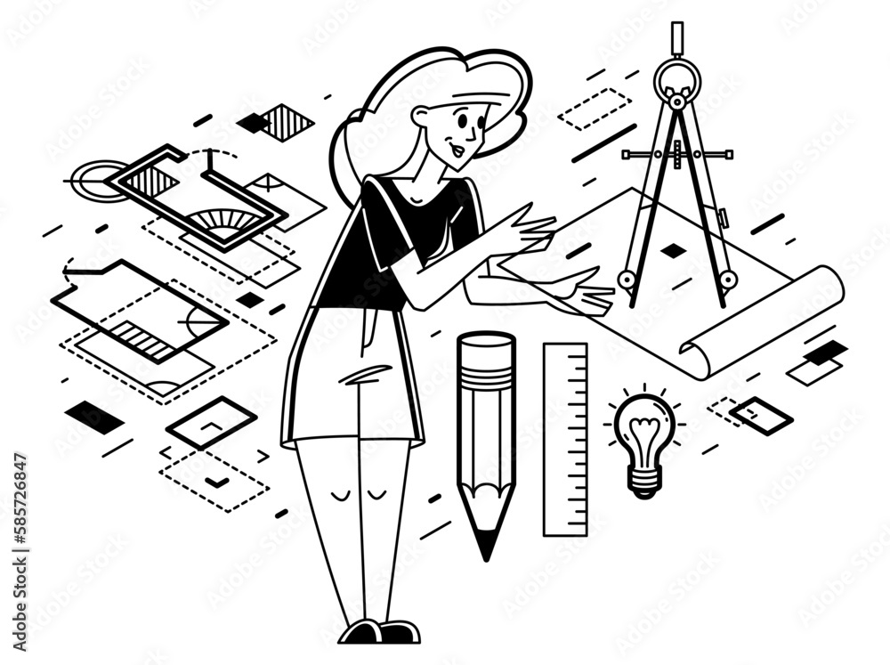 Poster construction engineer working on a project, building architecture designer vector outline trendy ill