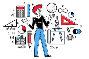 Mathematics education vector with student learning math or teacher explaining lesson, mathematician working on some theoretical science. - obrazy, fototapety, plakaty