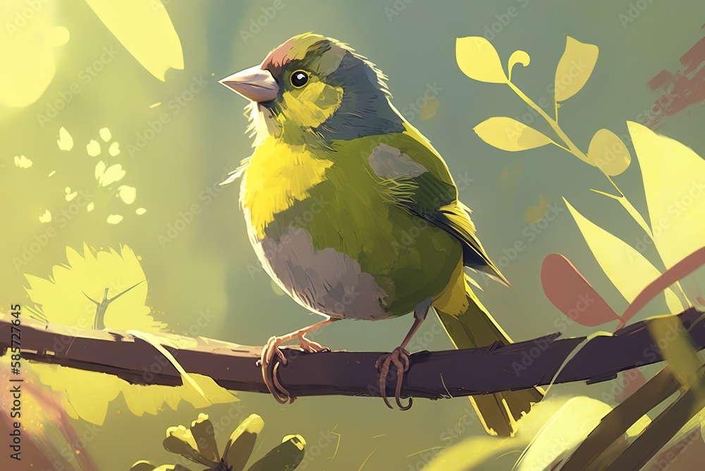 Poster daytime closeup of a single european greenfinch perched on a tree branch generative ai