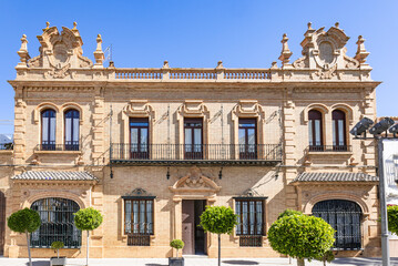 Facade of a historical manor house in the municipality of La Palma del Condado, in Huelva province, Andalusia, Spain