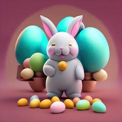 Cute cartoon Easter Bunny surrounded easter eggs. Generative AI . Postcard. Happy Easter