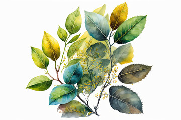 Watercolor floral composition. Hand-painted forest leaves of fern, eucalyptus, and gypsophila. Green bouquet isolated on white background, herbs. Green leaves, branches, Generative Ai