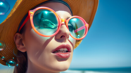 woman face with colorful sunglasses with sunny light on sea beach.summer and vacation.generative ai technology