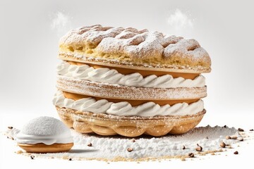 homemade buns with cream and powdered sugar napoleon cake on white background, created with generative ai - obrazy, fototapety, plakaty