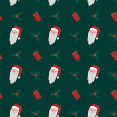 Seamless pattern with a Santas face, twigs of holly and a gift on a green background. Festive pattern for fabric, wrapping paper, clothing. Vector illustration.