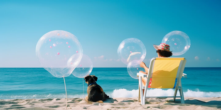 woman and her dog with colorful ballon,bubble on beach.summer and vacation.generative ai images
