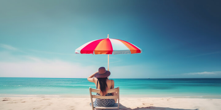 woman with colorful umbrella on chair beach.summer and vacation.generative ai images