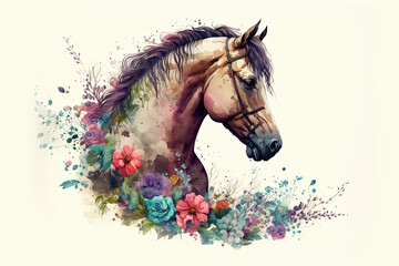 Watercolor horse, floral horse portrait, hunter jumper, equestrian, horse riding Generative Ai